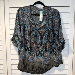 Renee C‎ Black Tie Neck Blouse XL Paisley Print Made in USA New